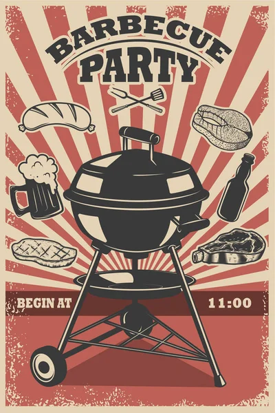 Modèle de flyer de fête barbecue. Grill, feu, viande grillée, bière , — Image vectorielle