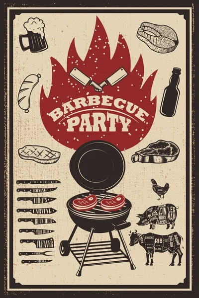 Grill party flyer szablon. Grill, ogień, mięso z grilla, piwo, — Wektor stockowy