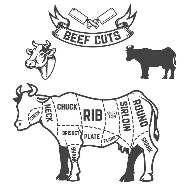 Sığır eti kasap diyagramı keser. Beyaz zemin üzerine inek çizimler — Stok Vektör