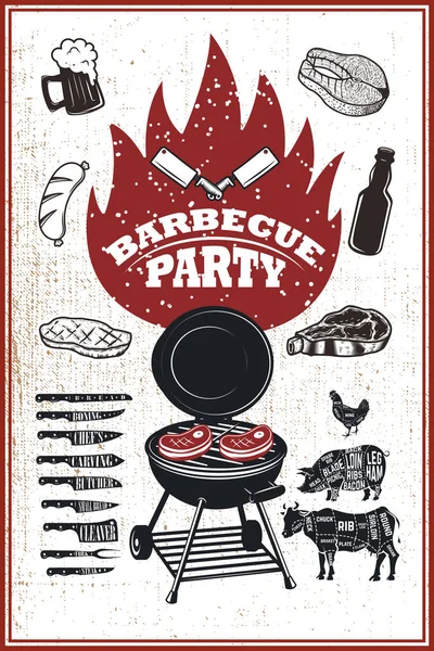 Modello di volantino per feste barbecue. Grill, fuoco, carne alla griglia, birra , — Vettoriale Stock