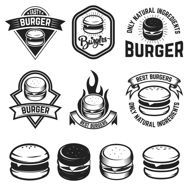 Conjunto de etiquetas de hamburguesas. Elementos de diseño para logotipo, emblema, menú, si — Archivo Imágenes Vectoriales