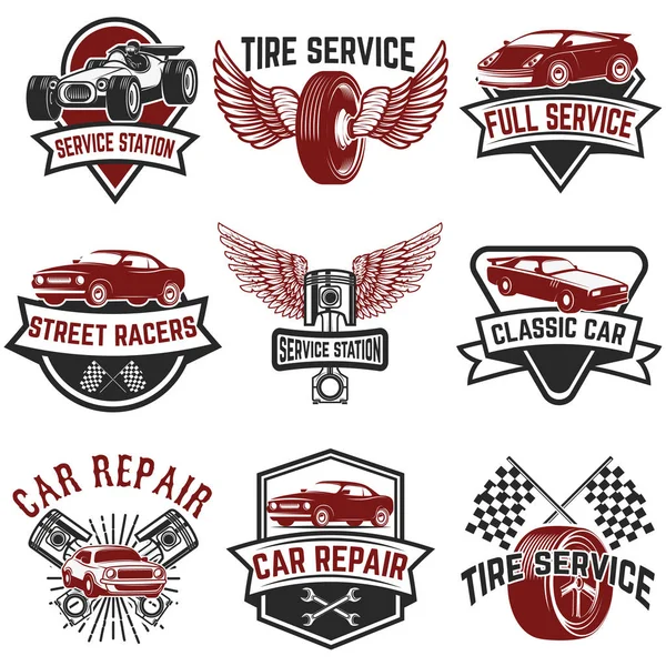Conjunto de servicio de neumáticos, etiquetas de reparación de automóviles. Pistones, ruedas de coche, representante — Archivo Imágenes Vectoriales