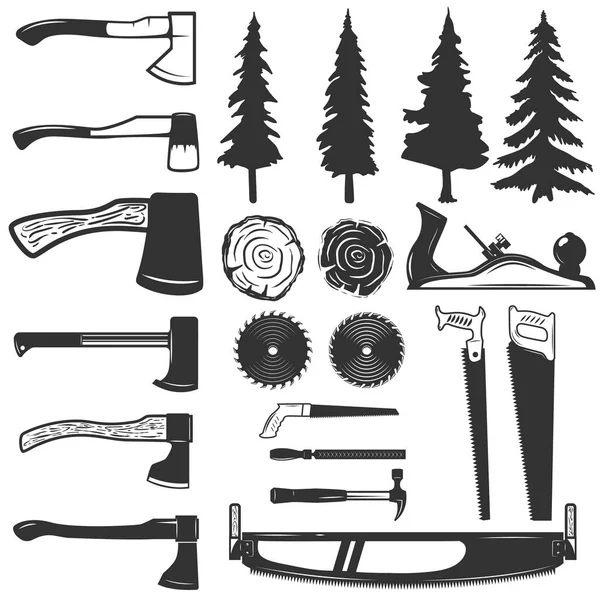 Conjunto de ferramentas de carpinteiro, madeira e ícones de árvores. Elementos de projeto fo — Vetor de Stock