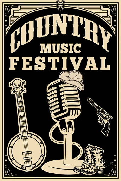 Country music festival poster. Old style microphone, cowboy boot — Stock Vector