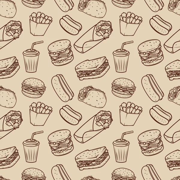 Patrón sin costuras con patrón de ilustraciones de comida rápida. Diseño e — Vector de stock