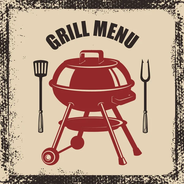 Grillmeny. Grill, gaffel och kök spatel på grunge bakgrund — Stock vektor