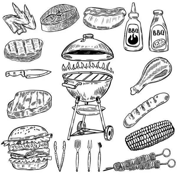 Set van de hand getekende grill en BBQ-designelementen. Elementen voor po — Stockvector