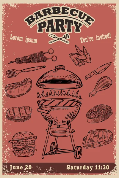 Modello di invito alla festa barbecue. BBQ disegnato a mano e Grill des — Vettoriale Stock