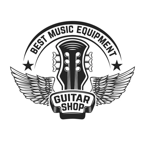 Plantilla de etiqueta de tienda de guitarra. Cabeza de guitarra con alas. Elemento de diseño — Vector de stock