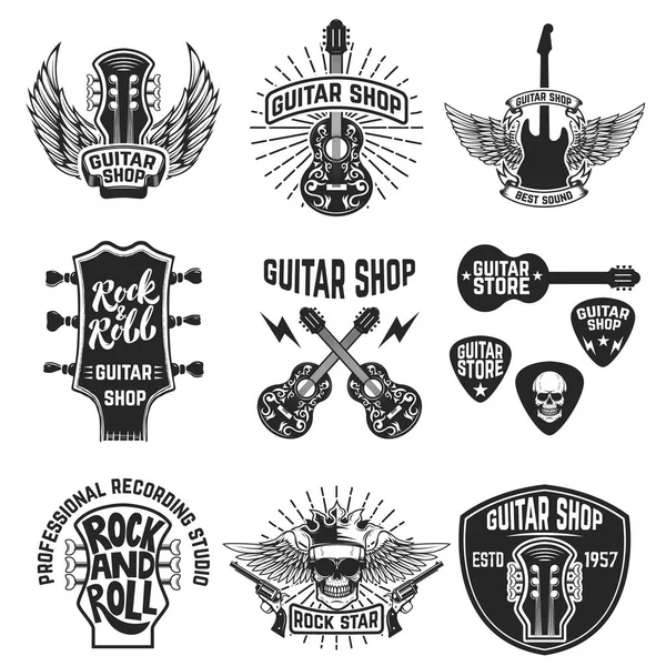 Conjunto de emblemas de tienda de guitarra. Elementos de diseño para logotipo, etiqueta, em — Archivo Imágenes Vectoriales