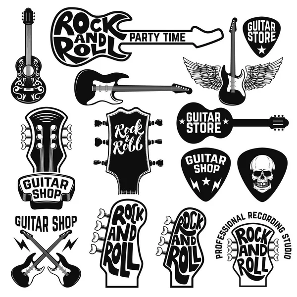 Guitarra tienda etiquetas y elementos de diseño. Elementos de diseño para log — Archivo Imágenes Vectoriales