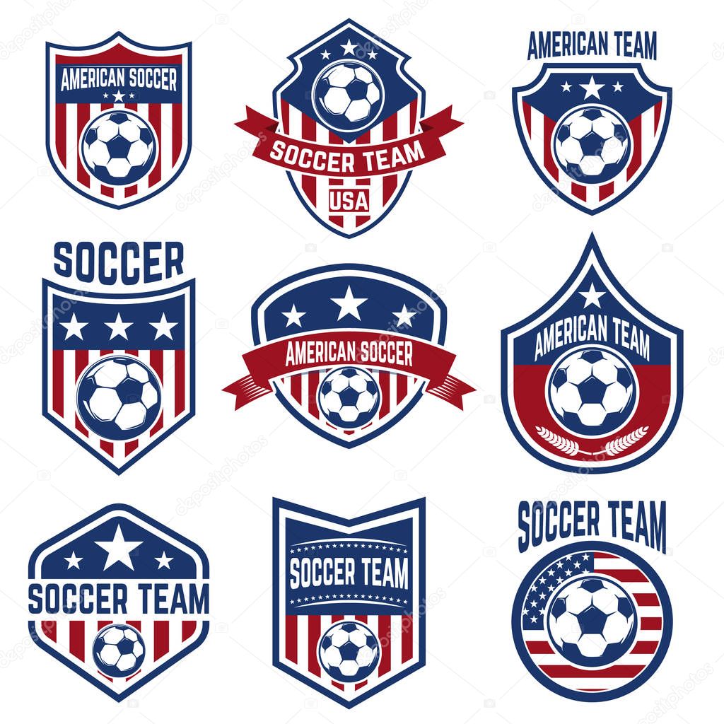 Set of american soccer team labels. Emblems with football balls.