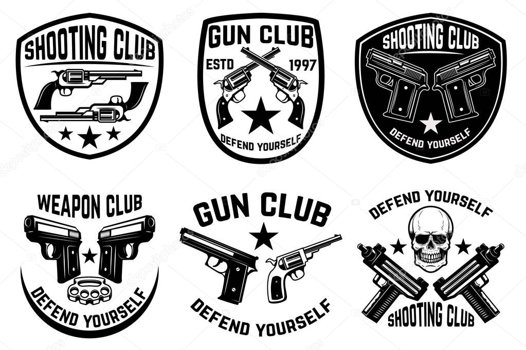 Set of weapon club, gun shop emblems. Labels with handguns. Vector illustration