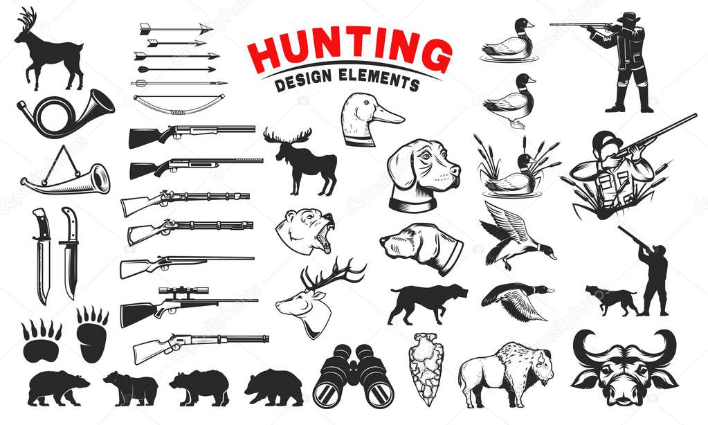 Set of hunting design elements. Hunting dogs, weapon, shooters s