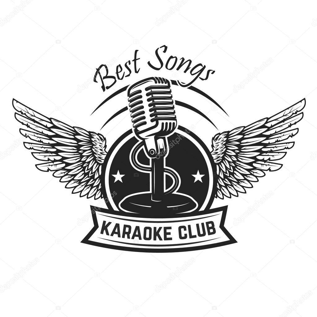 Karaoke club label template. Emblem with vintage microphone and wings. Vector illustration