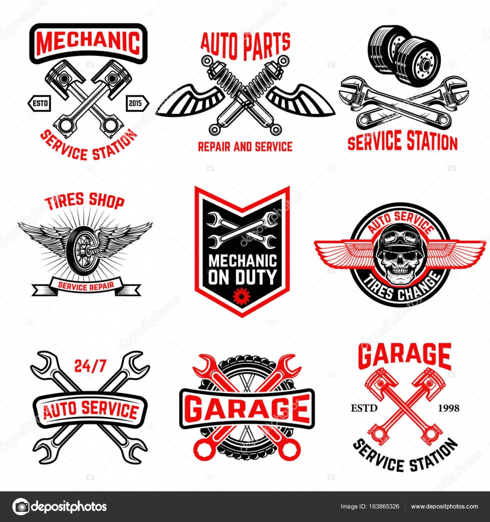 Autoreparatur, garage, auto-service-embleme. elemente für logo, etikett,  zeichen. bild