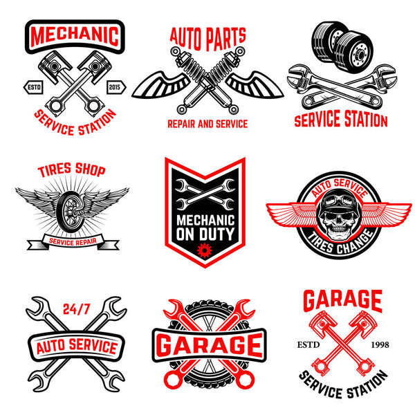 Set of auto service emblems. Auto parts, tires shop,mechanic on duty.