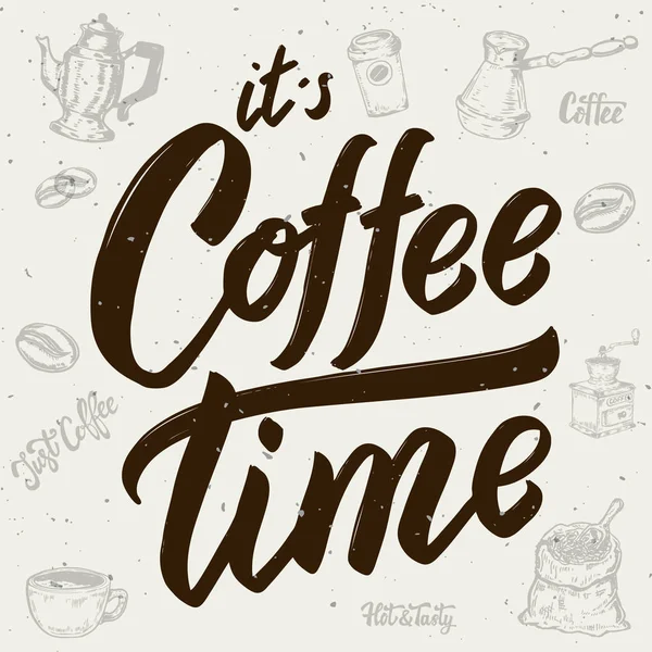 Kahve zamanı. Kahve simgeler. Beyaz arka plan üzerinde yazı elle çizilmiş