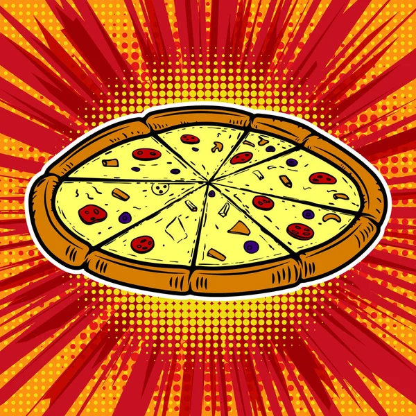 Піца ілюстрація на фоні поп-арту. Елемент дизайну плакату, меню . — стоковий вектор