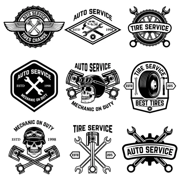 Ensemble de service de voiture, service automobile, badges de changement de pneu isolé sur — Image vectorielle