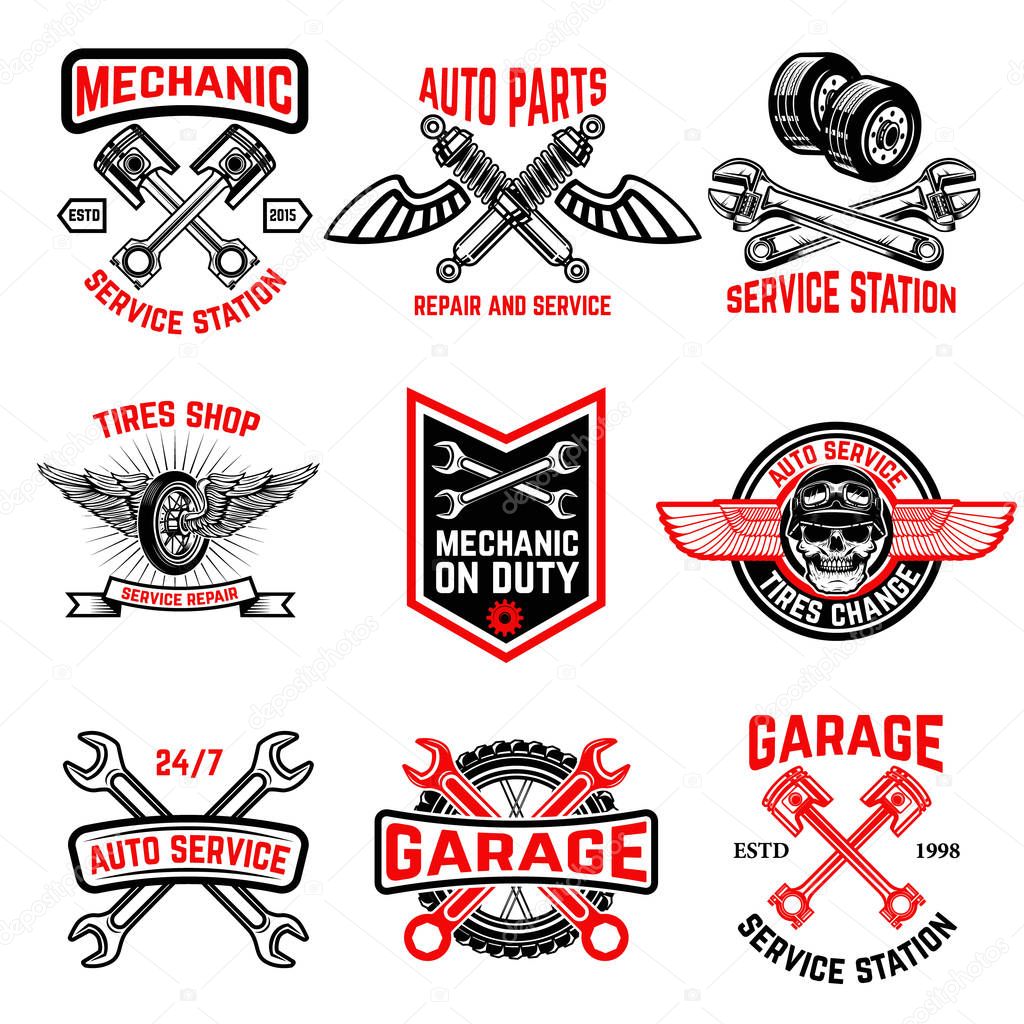 Set of auto service emblems. Auto parts, tires shop,mechanic on duty. Design elements for logo, label, emblem, sign, badge. Vector illustration