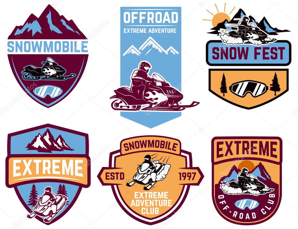 Set of snowmobile emblems isolated on white background. Design element for label, brand mark, sign, poster. Vector illustration