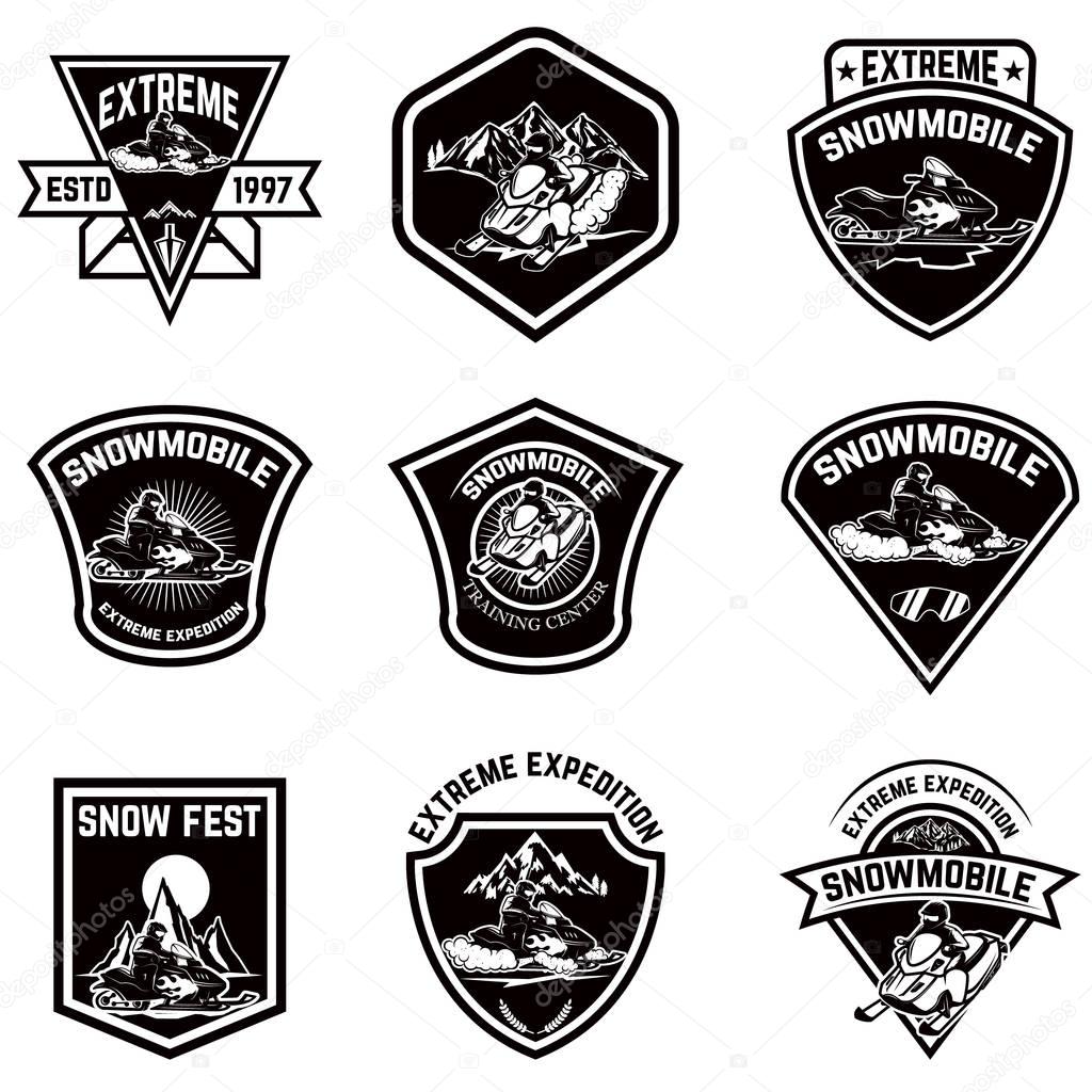 Set of snowmobile sport emblems. Snow bike. Design elements for logo, label, emblem, sign. Vector illustration