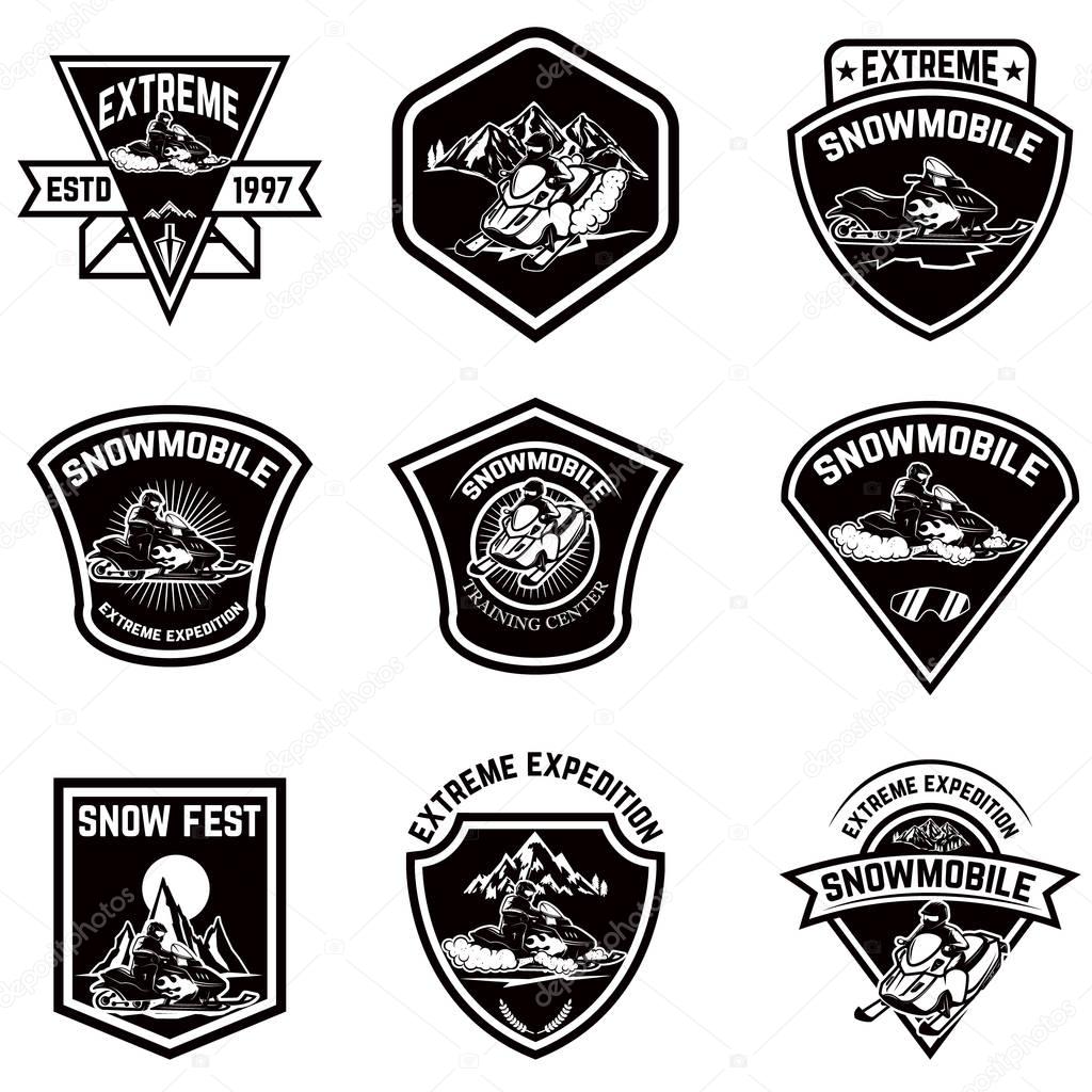 Set of snowmobile sport emblems. Snow bike. Design elements for logo, label, emblem, sign