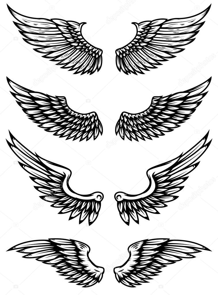 Set of wings illustration isolated on white background. Design elements for logo, label, emblem, sign.