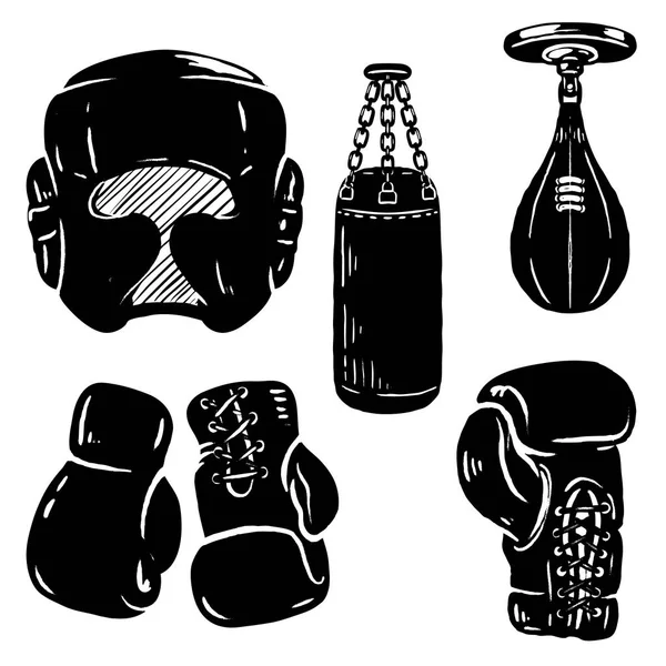 Set of boxing sport design elements. Boxing gloves, head protect, punching bag. — Stock Vector