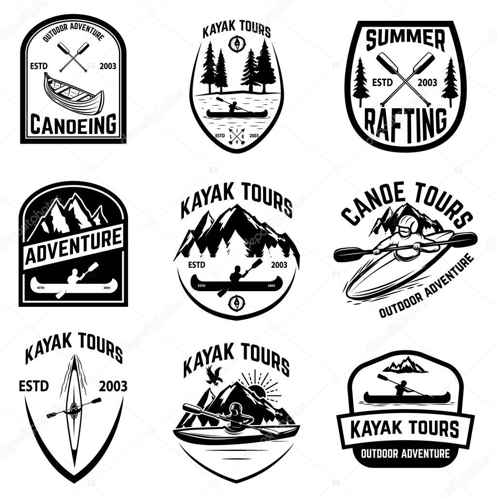 Set of canoeing badges isolated on white background. kayaking, canoe tours. Design elements for logo, label, emblem, sign. Vector illustration