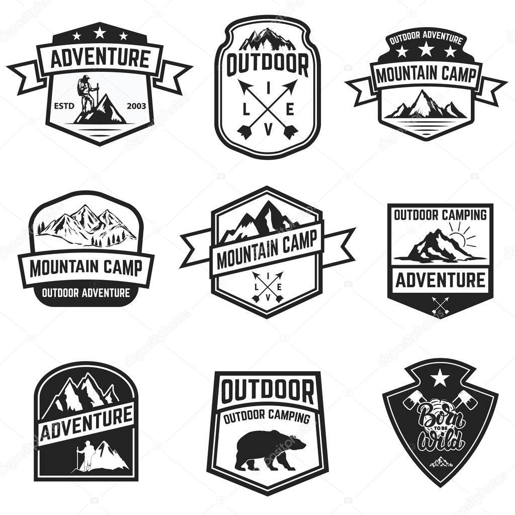 Set of hiking badges isolated on white background. Camping, outdoor ,adventure. Design elements for logo, label, emblem, sign. Vector illustration