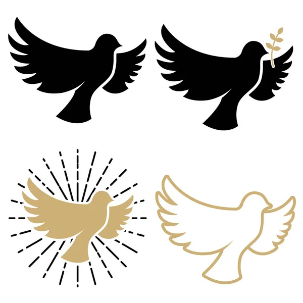 Set of dove icons. Pigeon with a laurel branch. Religious sign.  Peace day. — Stock Vector