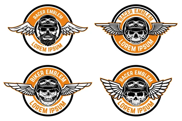 Rennfahrer-Embleme. Satz geflügelter Embleme mit Totenköpfen. Gestaltungselemente für Biker Club, Racer Community Logo, Label, Schild. Vektorillustration — Stockvektor