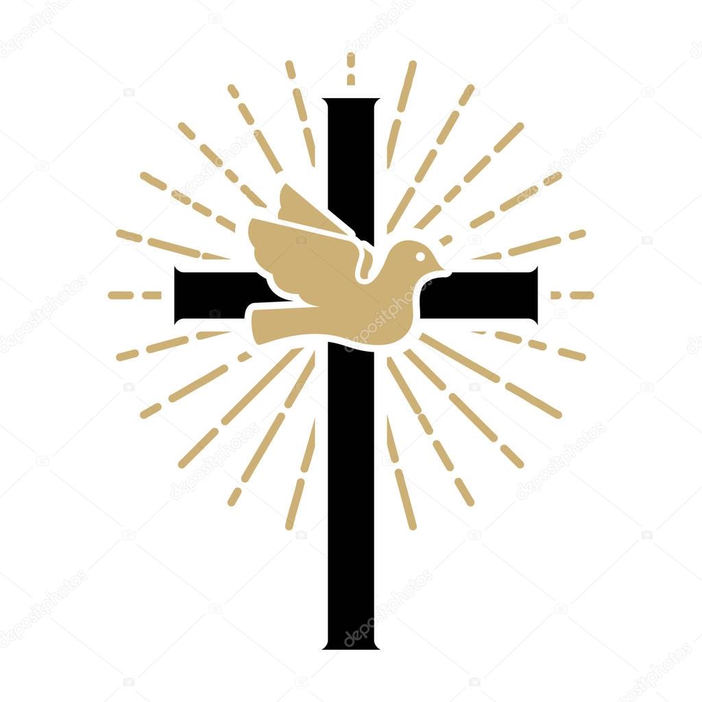 Pigeon with cross. Religious sign. Design elements for logo, label, emblem ,sign. Vector illustration