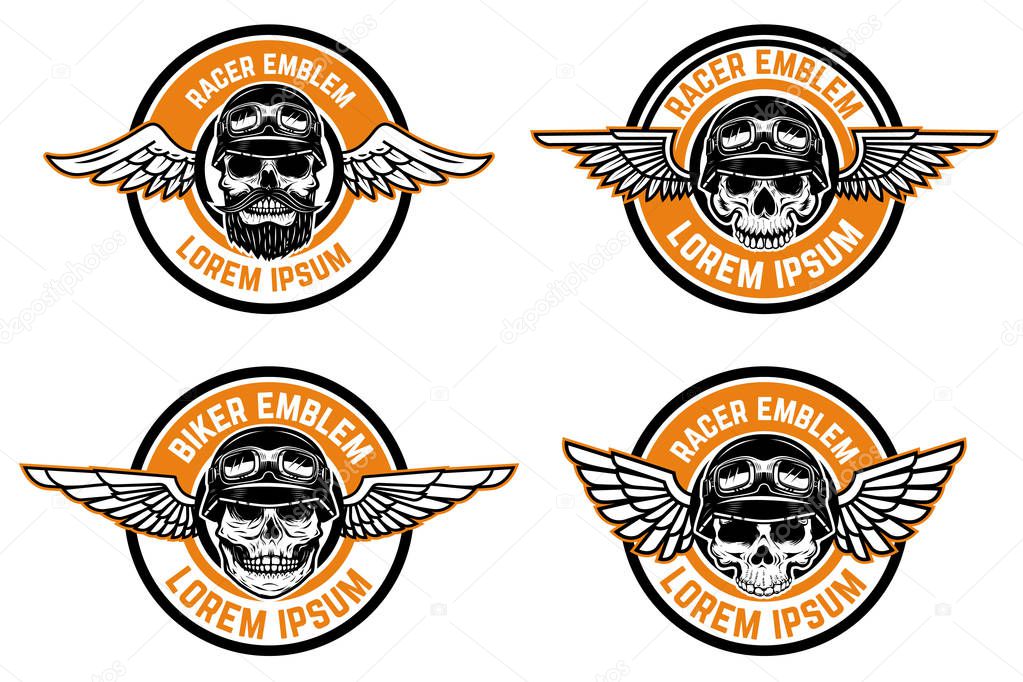 Racer emblems. Set of winged emblems with skulls. Design elements for biker club, racer community logo, label, sign. Vector illustration