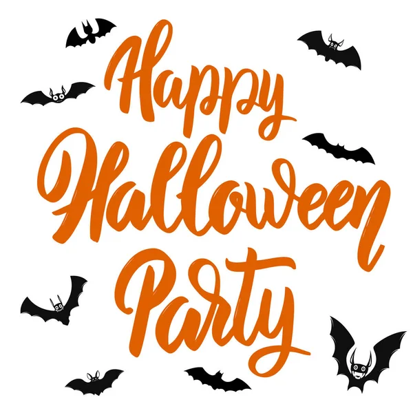 Happy halloween-feest. Hand getrokken belettering woordgroep met vleermuizen illustraties. — Stockvector