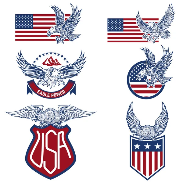Conjunto de vectores de las etiquetas de EE.UU. con águilas. Emblemas con banderas americanas . — Archivo Imágenes Vectoriales