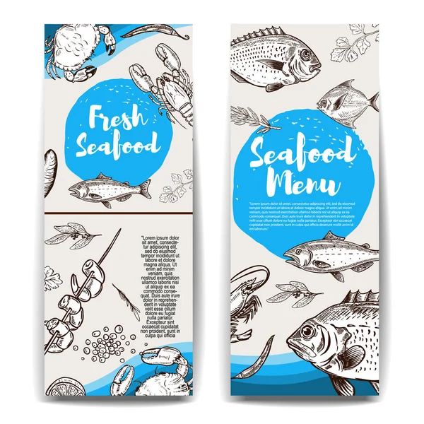 Set of  banners templates with hand drawn fish and sea animals. Seafood. — Stock Vector