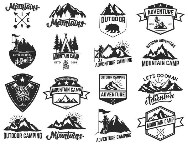 Set of camping emblems isolated on white background. Hiking, tourism, outdoor adventure. — Stock Vector