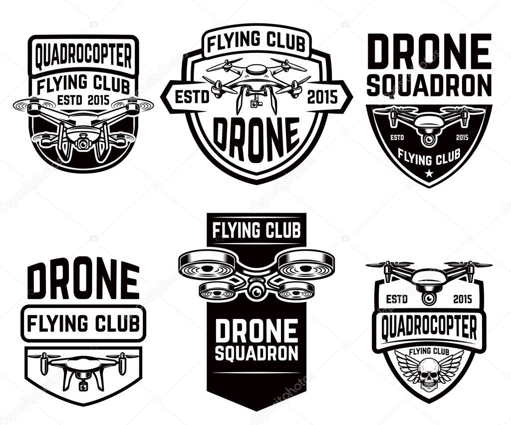 Set of drone flying club emblems templates. Design elements for logo, label, emblem, sign. Vector illustration