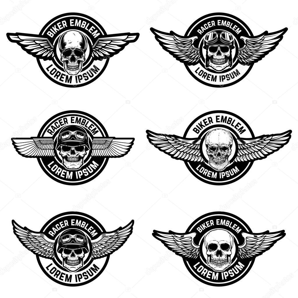 Set of biker club emblems templates. Emblems with skulls and wings. Design elements for logo, label, sign. Vector illustration