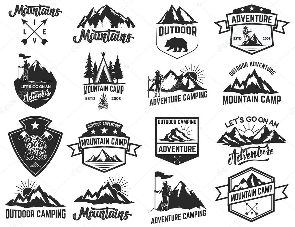Set of camping emblems isolated on white background. Hiking, tourism, outdoor adventure. Design elements for logo, label, emblem, sign. Vector illustration