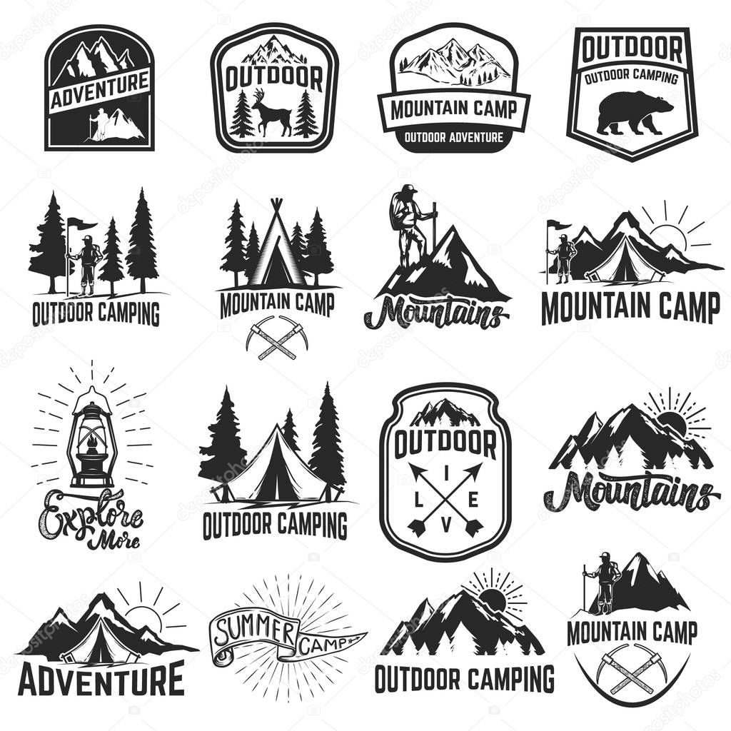 Set of camping emblems isolated on white background. Hiking, tourism, outdoor adventure. Design elements for logo, label, emblem, sign. Vector illustration