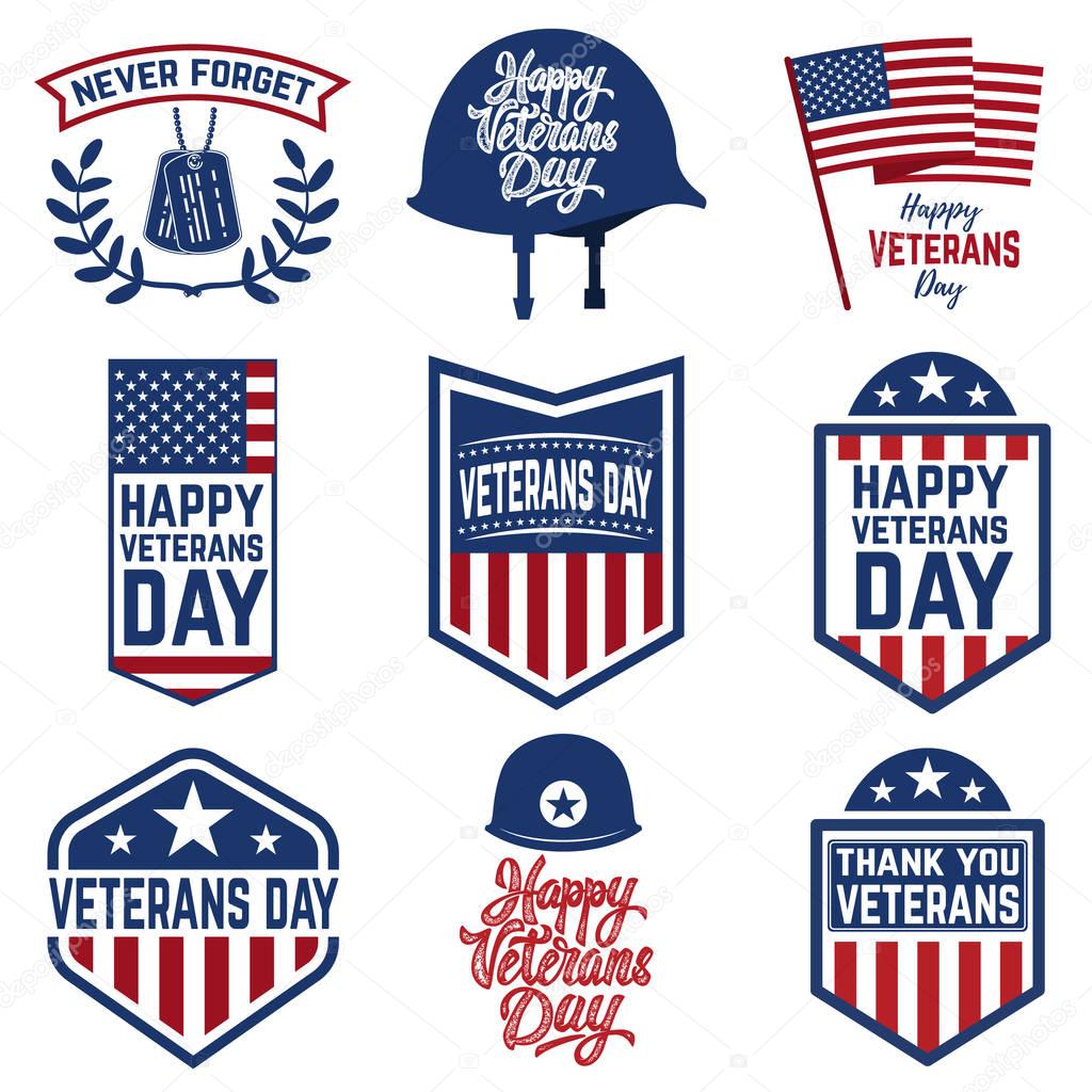 Set of veterans day emblems isolated on white background. 