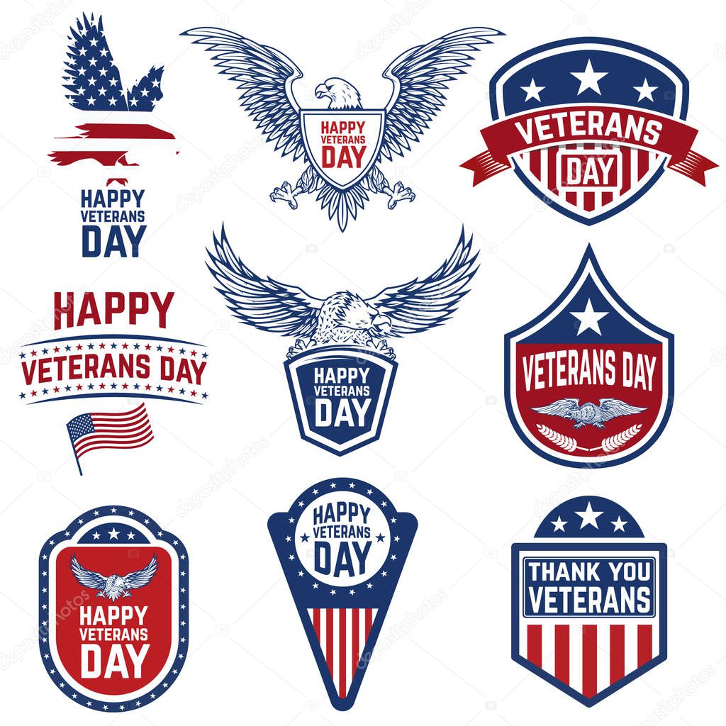 Set of veterans day emblems isolated on white background. 