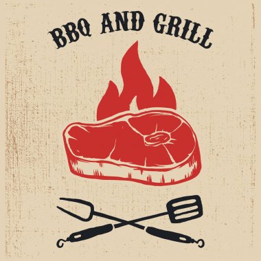 Barbekü ve ızgara. Biftek, yangın, poster çatal ve mutfak spatula geçti. 