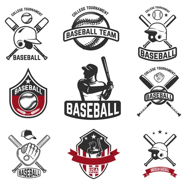 Zestaw emblematów baseball. Kije baseballowe, kaski, rękawice. — Wektor stockowy