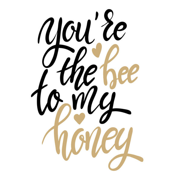 you're the bee to my honey. Hand drawn lettering phrase on white background.