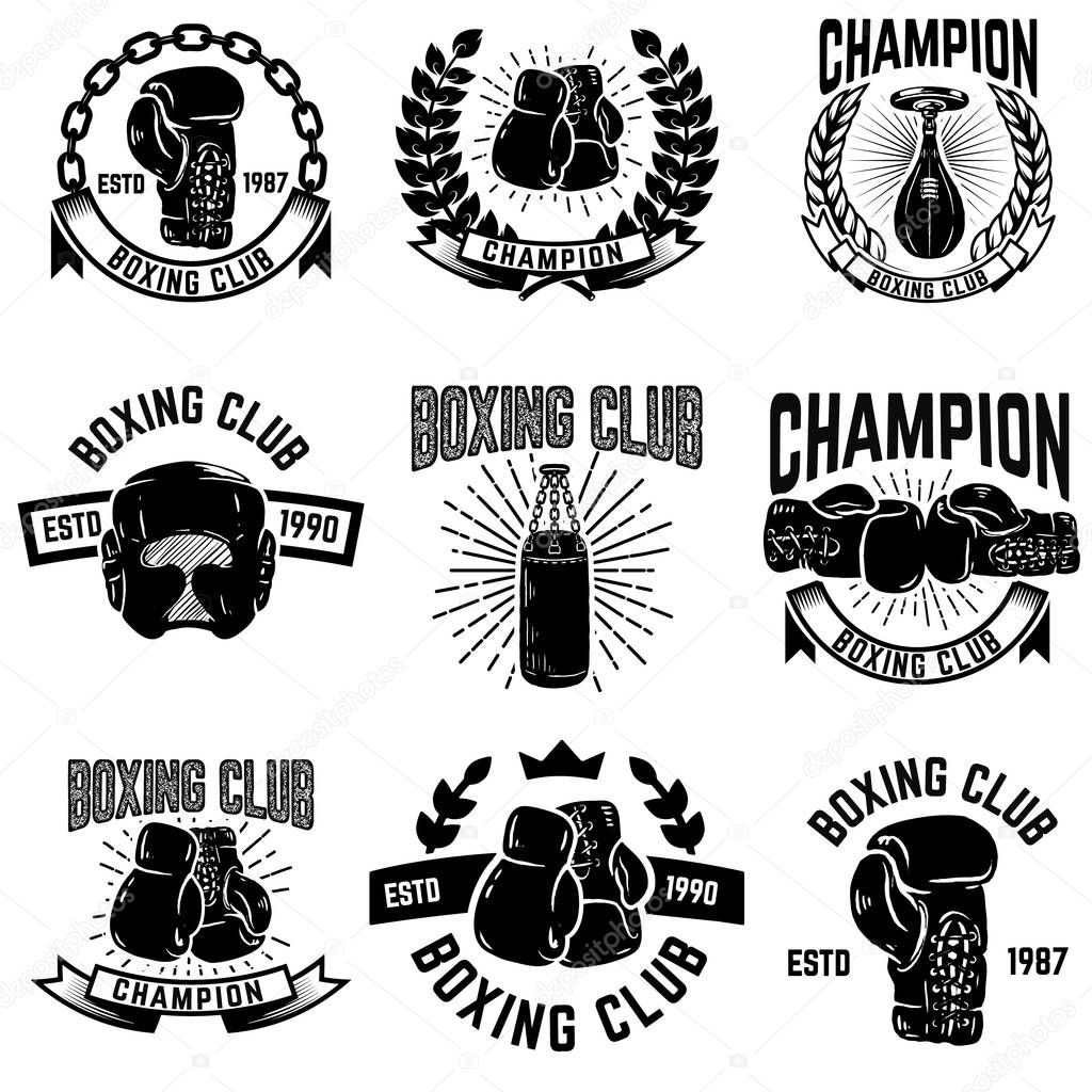 Set of boxing club emblems. boxing gloves. Design elements for logo, label, emblem, sign. Vector illustration